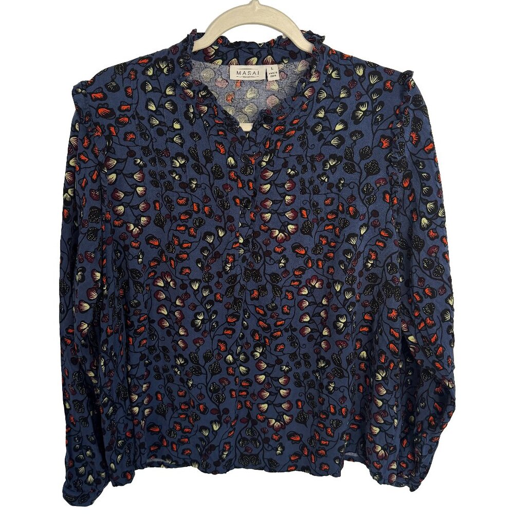 Masai Copenhagen Beautiful Navy Floral Pullover Blouse Women's Size Large